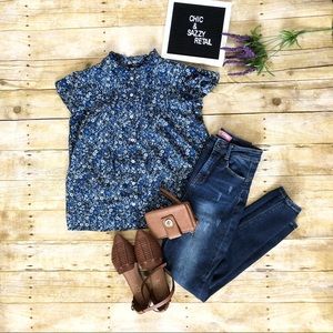 Floral Flutter Sleeve Cotton Blend Poet Blouse